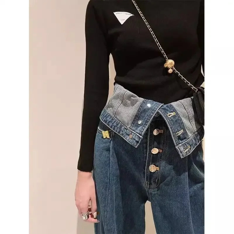 French dark blue breasted high waist jeans women's spring and autumn new large size loose slim high design straight wide-leg pan