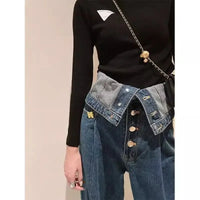 French dark blue breasted high waist jeans women's spring and autumn new large size loose slim high design straight wide-leg pan