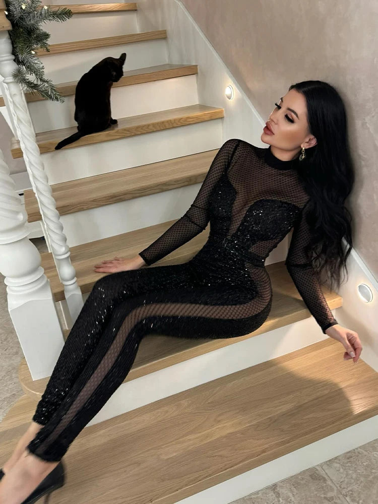Mesh Patchwork Jumpsuits For Women Fashion Sexy Club Sequined Long Sleeves O-Neck Slim Fit See Through Romper Female Streetwear