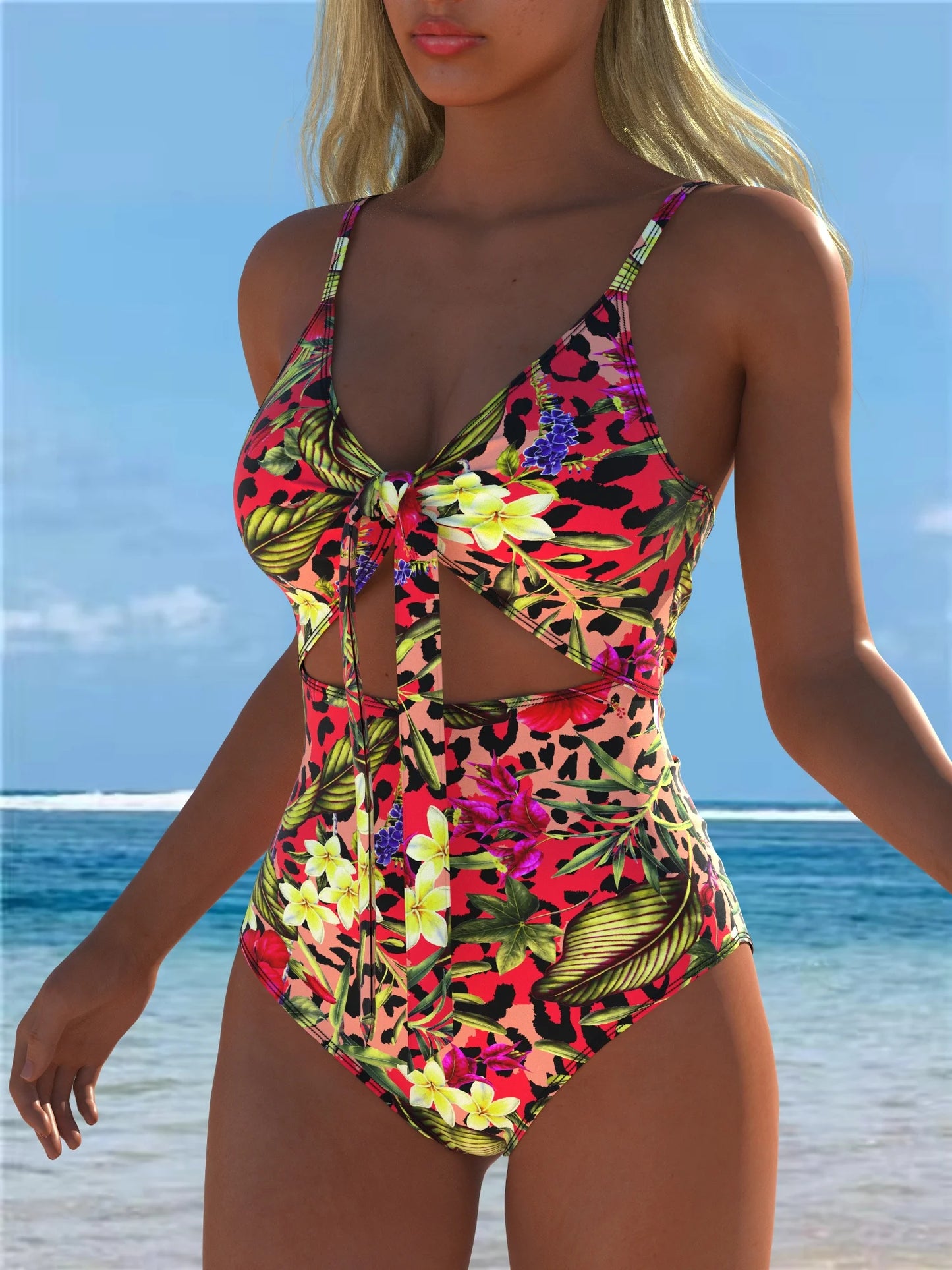 Women's Tropical Leopard Print One Piece Swimsuit, Cutout Tie Knot Bikini Style Bathing Suit, High Cut Beachwear for Summer Vaca