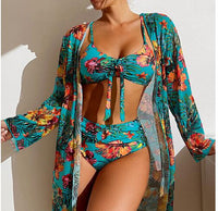 2023 Sexy New 3 Pcs Long Sleeve Bikini Cover Up Swimwear Women Beach Wear High Waist Shorts