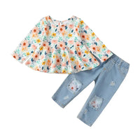 1-4 Years Toddler Girl Fashion 2Pcs Clothing Set Long Sleeve Floral Blouse+Ripped Holes Jeans Spring&Autumn All Match Suit