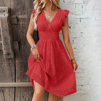 Summer Womens Vacation Short Dress Sexy V Neck Flare Sleeve Solid Color Hollow Lace Waist Dress Casual Beach Holiday Dresses