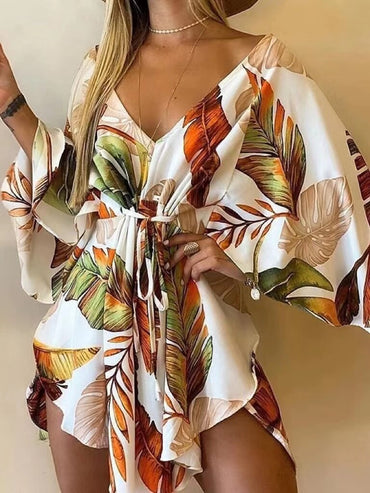 2023 New Summer Beach Elegant Dresses Women Sexy V Neck Lace-up Floral Print Mini Dress Casual Flared Sleeves Ladies Party Dress