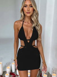 Mozision Hollow Out Halter Sexy Mini Dress Women Summer New Sleeveless Backless Skinny Club Party Knit Tank Dress Vestido