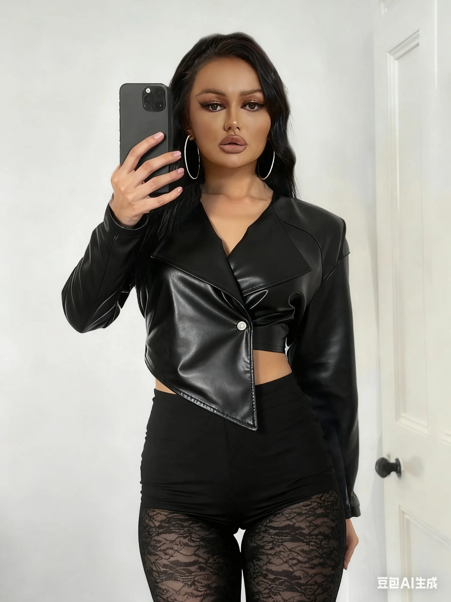 Sisterlinda Faux Leather Single Button Crop Jacket Women Autumn Trend Cross Neck Full Sleeve Wild Style Classic Streetwear Coat