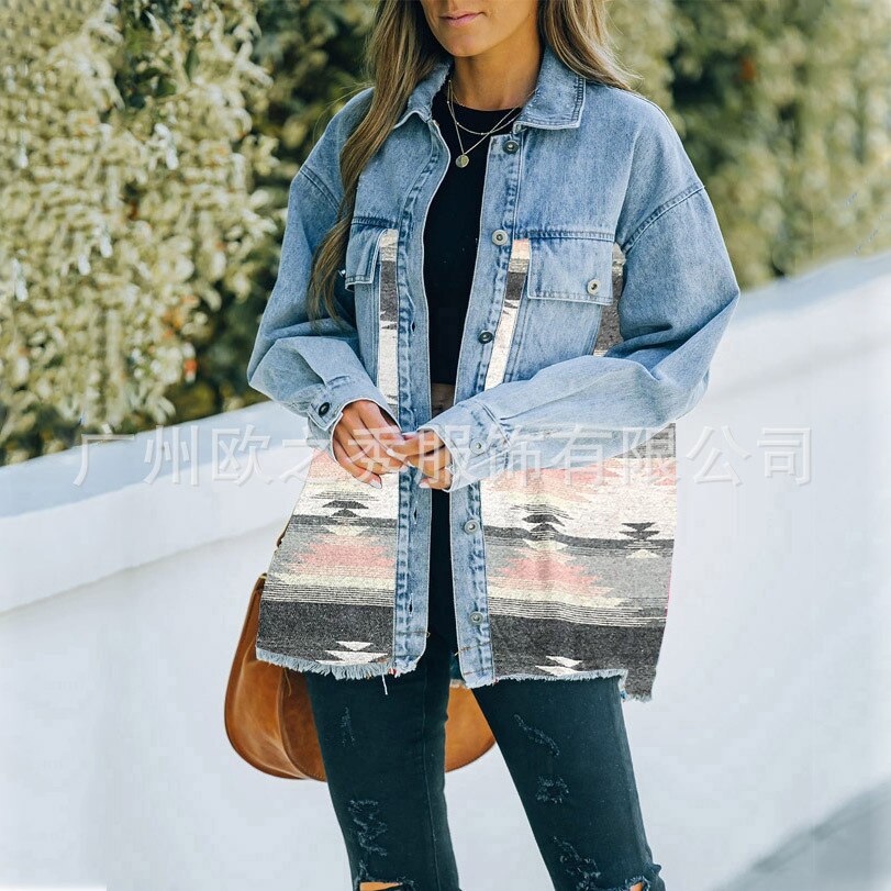 Autumn and Winter New Polo Neck Pocket Denim Panel Wool Coat Women's Vintage Jacket