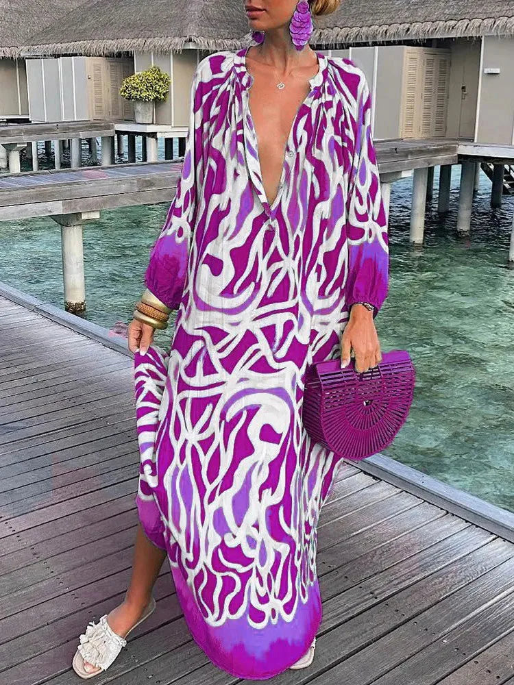 Women Boho Print Beach Cover Up 2023 Summer Sexy Deep V-Neck Long Sleeve Long Dresses Female Vintage Maxi Dresses Elegant Robe