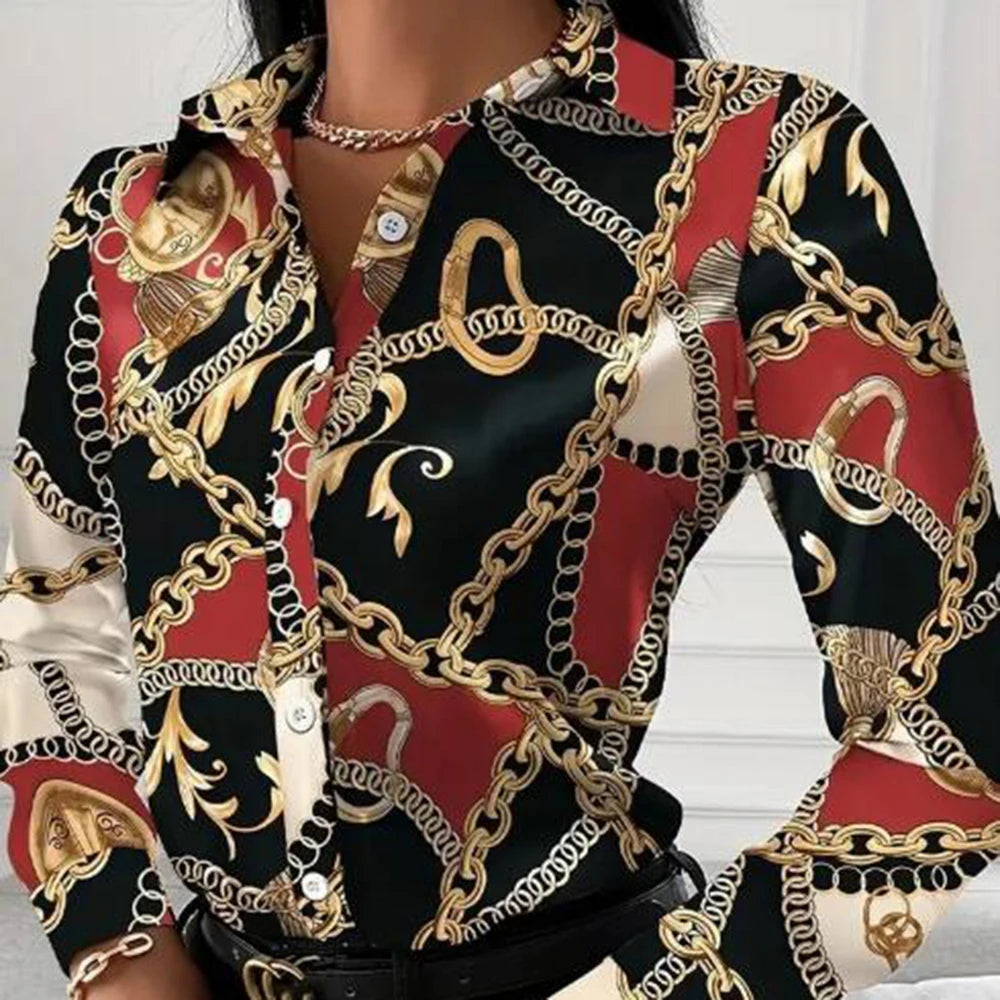 Women's Color Block Chain Print Button Shirt   Stylish and Comfortable Long Sleeve Top for Spring and Fall