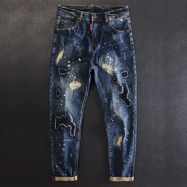 Jeans for Men Straight Cropped Trousers Graphic Motorcycle with Print Pockets Male Cowboy Pants Denim Y 2k Vintage Cotton Luxury