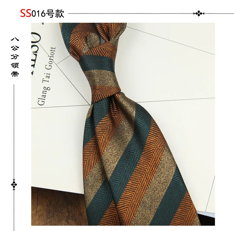 2024 New Brown Polyester Jacquard Men's Neckties 8CM Striped Dots Plaid Business Formal Neck Ties Wedding Party Suit Cravat Gift