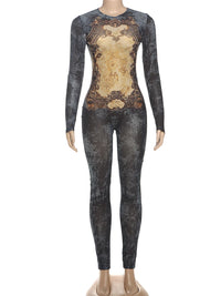 Sisterlinda Printing Slim O-Neck Long Sleeve Jumpsuit Women Sexy Popular Body-shaping Vestidos Girl Party Leisure Pencil Pants