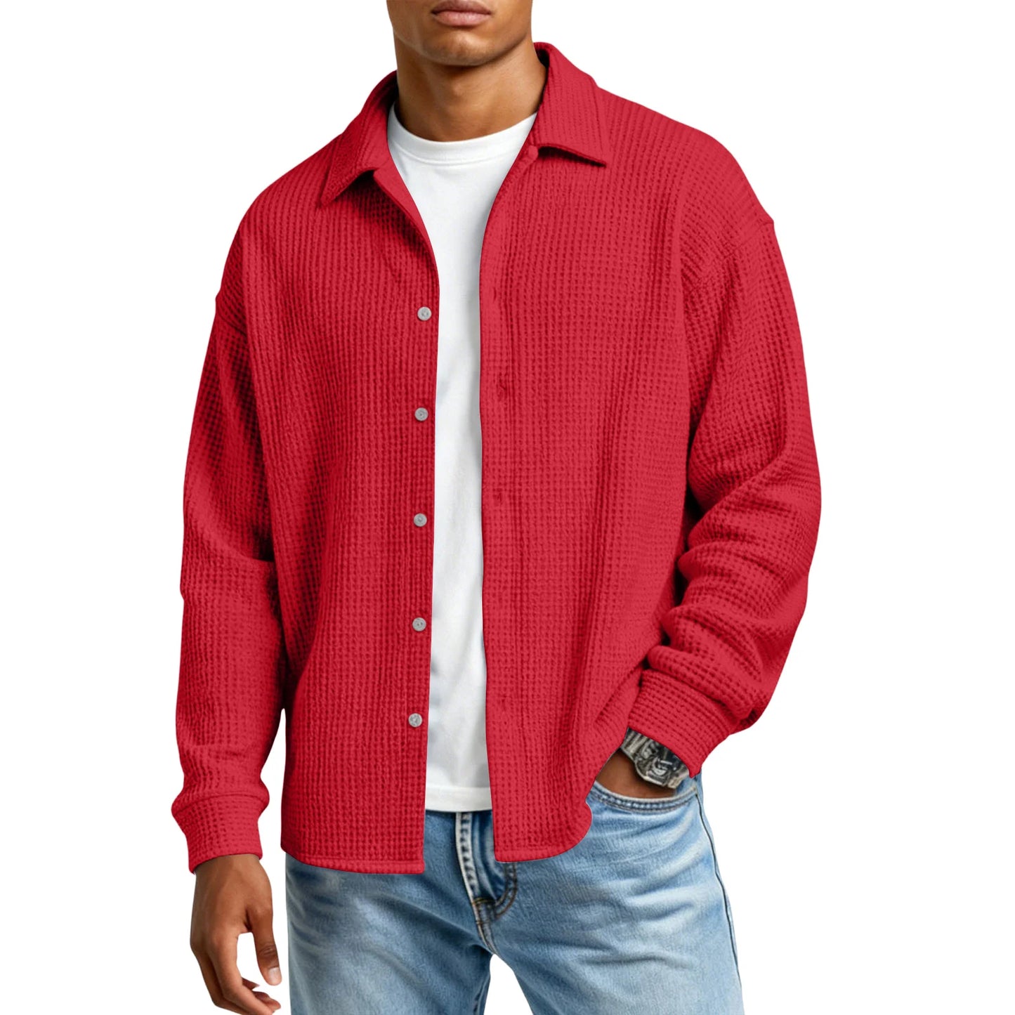 Men Casual Button Down Shirt Long Sleeve Collar Shirt Waffle Texture Loose Fit Fashion Men Top Trendy Outfit Daily Wear