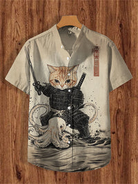 Men's Cat Print Short-Sleeve Shirt, Stand Collar Retro Casual Top, Breathable Slim Fit Shirt, Outdoor Casual Hawaiian Shirt