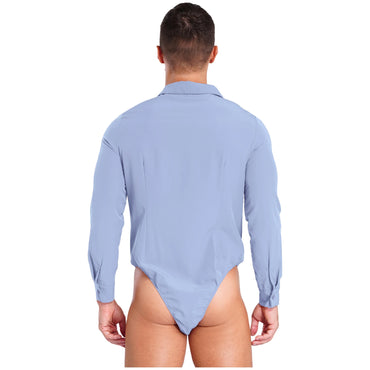 Mens Button Down Easy Care Work Bodysuit Shirt Swimsuit Solid Color One-Piece Jumpsuit Turn-down Collar Long Sleeve Body Tops