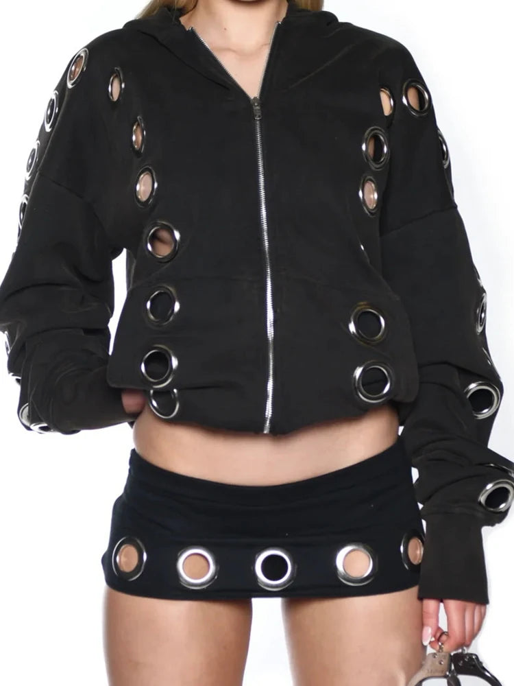 Weird Puss Y2K Hooded Crop Jacket Women Fall Hooded Metal Hollow Skinny Trend Simple Classic High Streetwear Casual Basis Coat