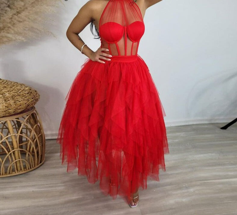 Women Sexy Solid Color See Through Mesh Patchwork Halter Backless Ruffles Decor Party Dress