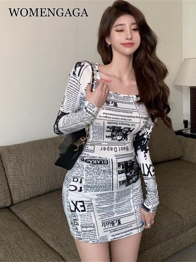 New 2023 Summer Top Fashion Korea Hot Women Letter Newspaper Print Slim Sheath Square Collar Big Bust Mini Dresses Dress L8