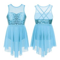 Girls Shiny Rhinestone Jazz Ballet Dance Dress Decorated Collar Sequins Mesh Tassel Hem Dance Leotards Dance Performance Dress