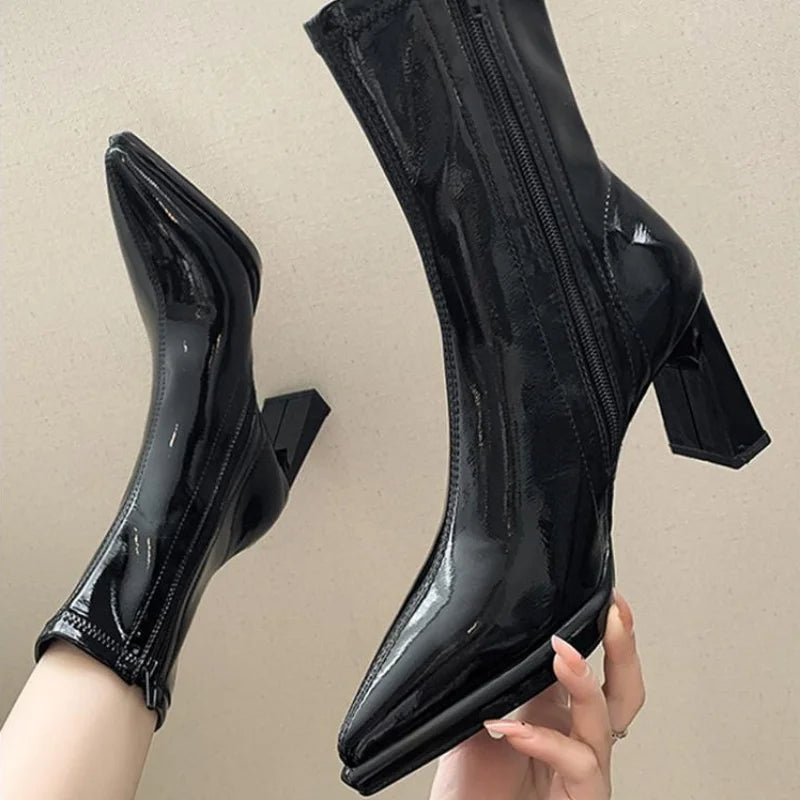 Boots Woman Winter 2024 Black Korean Elegant Heeled Autumn New In Women Shoes Pointed Toe Leather Booties Comfortable High Heels