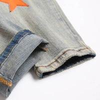 2023 Autumn New Fashion Men High Street Orange Star Embroidery Patch Jeans Men's Slim Fit Full Sky Star Denim Pants Jeans