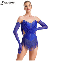 Womens Tassel Latin Rumba Dance Leotard Glittery Cutout Fringed Bodysuit with Gloves Cha-cha Samba Tango Performance Costume