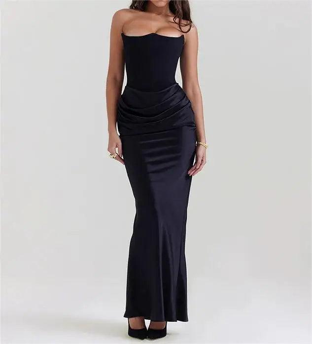 Sexy Solid Color Strapless Backless Dress Women Sleeveless Pleated Waist Slimming Long Vestidos Lady Evening Party Gown 2025 New