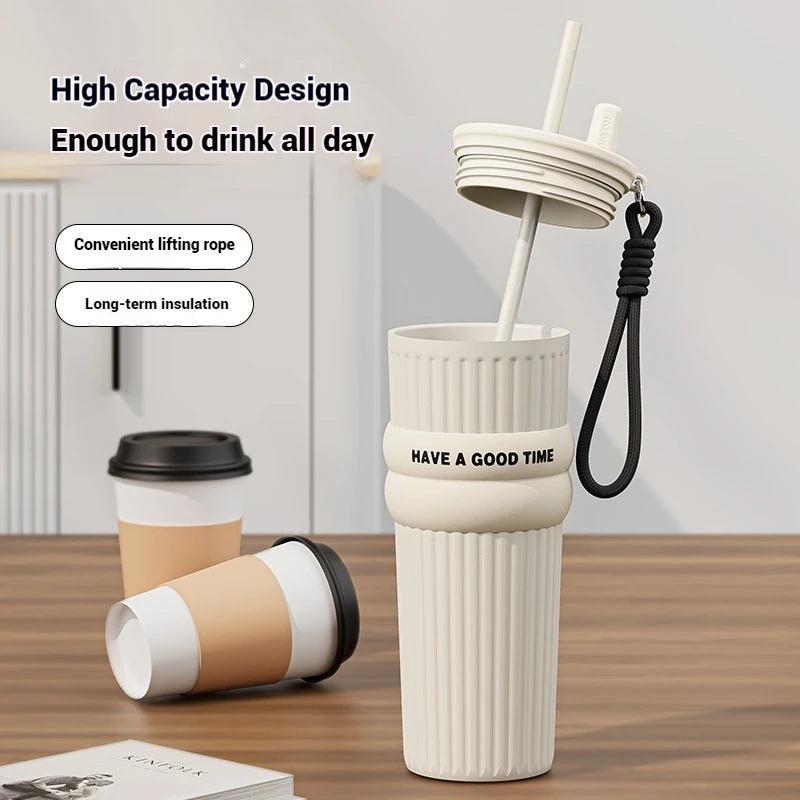 2025 New In Stock Large Capacity Simple And Convenient Straw Insulated Cup Office Coffee Cup Portable Accompanying Car Cup