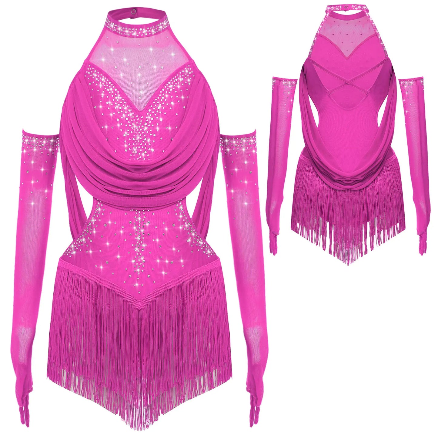 Girls Latin Jazz Rumba Samba Dance Costume Salsa Set Ruched Mesh Drapes Cutout Leotard with Tassel Skirts and 1 Pair Mesh Gloves
