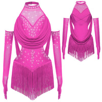 Girls Latin Jazz Rumba Samba Dance Costume Salsa Set Ruched Mesh Drapes Cutout Leotard with Tassel Skirts and 1 Pair Mesh Gloves