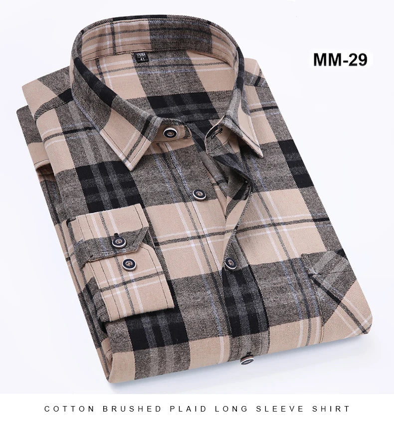 S-11XL Plaid Flannel Shirts For Men's Long Sleeve Cotton Fashion Design Young Casual Standard-Fit Thick Man Shirt Blouse Clothes