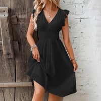 Summer Womens Vacation Short Dress Sexy V Neck Flare Sleeve Solid Color Hollow Lace Waist Dress Casual Beach Holiday Dresses