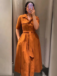 HH Women Fashion Lapel Short Sleeve Pocket Single-Breasted Belt Decorate Midi Dress Female Summer Elegant Slim Pleated Dress
