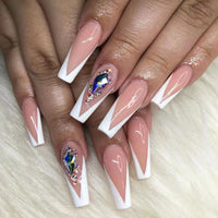 24pcs False Nails with glue flower design Long Coffin French Ballerina Fake Nails Full Cover acrylic Nail