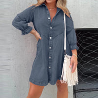 Lady Casual Lapel Single-Breasted Dress Autumn Solid Color Long Sleeve Denim Dress Fashion Simple Office A-Line Mini Shirt Dress