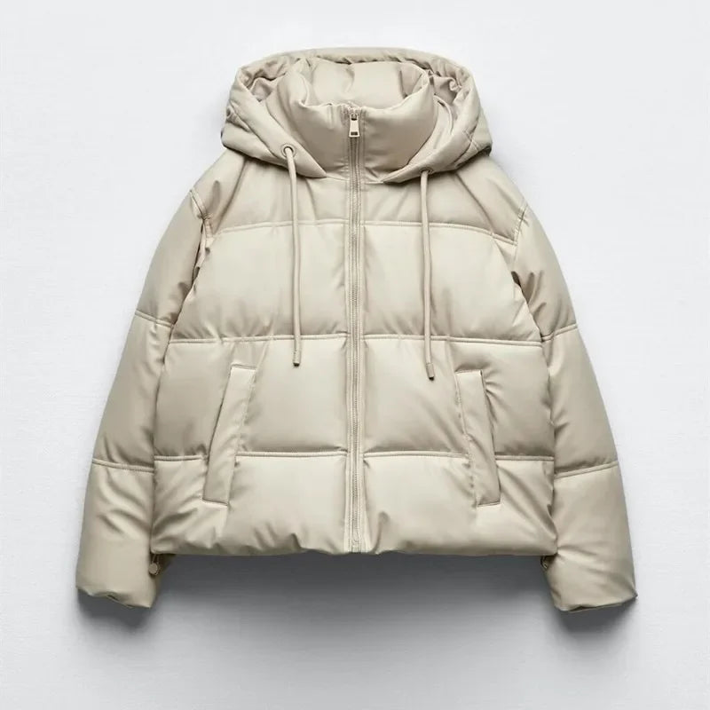 Winter Women Faux Leather Puffer Jacket 2024 Warm PU Snow Hooded Parka Female Casual Loose Coat Zipper Long Sleeve Overcoat