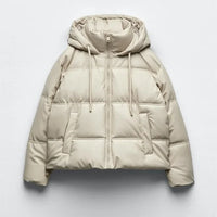 Winter Women Faux Leather Puffer Jacket 2024 Warm PU Snow Hooded Parka Female Casual Loose Coat Zipper Long Sleeve Overcoat