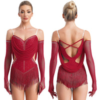 Womens Tassel Jazz Latin Dance Leotard Dress Glittery Rhinestones Adjustable Straps Cutout Fringed Bodysuit with Gloves