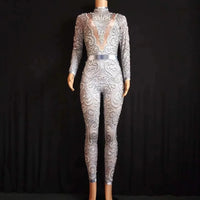 Elegant Pearls Long Sleeves Jumpsuit Sexy Elatic Women Singer Outfit Birthday Celebrate Evening Party Wear