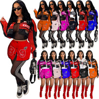 Racing Detachable Varsity Coats Letter Printed Button Up Bomber Jackets 2023 Autumn Winter Streetwear Fitness Skirt Matching Set