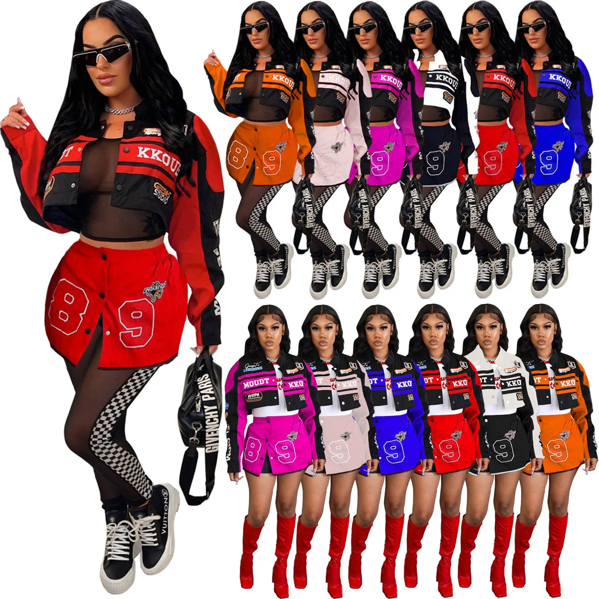 Racing Detachable Varsity Coats Letter Printed Button Up Bomber Jackets 2023 Autumn Winter Streetwear Fitness Skirt Matching Set