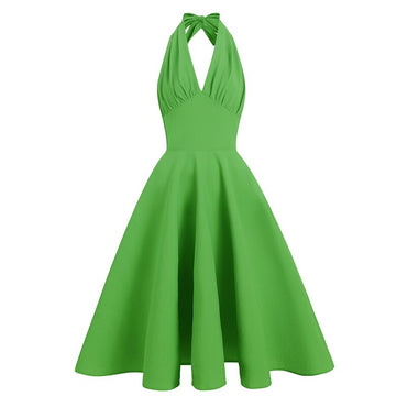 Tonval V-Neck Sexy Halter Vintage Style Summer Vacation Outfits Women Green Solid Elegant Party Pinup Ladies Swing Dresses