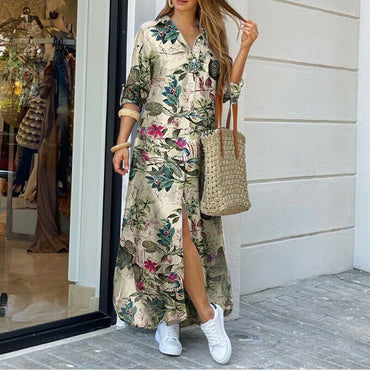 Women Long Sleeve Shirt Dress Summer Casual Boho Printed Dresses Fashion Single Breasted Button Party Female Maxi Dress Vestidos