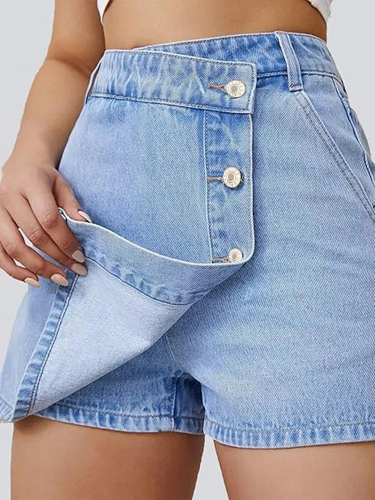 Women's Denim Shorts High Waisted Asymmetric Button Detailing Ideal for Trendy Summer Outfits Casual Occasions