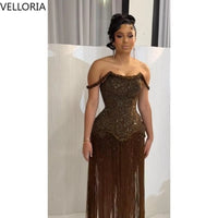 Brown Tassel Evening Dress African Woman Sexy Off-Shoulder Beaded Bustier Prom Gown Elegant Floor-Length Party Dress Customized