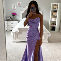 Sexy Women Corset Party Dress Elegant Strap Sleeveless High Waist Slit Folds Halter Satin Evening Graduation Dress Y2K Clothes