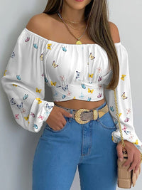 Women Sexy Off Shoulder Blouse Chic and Elegant Printing Lantern Long Sleeve Lace Up Bow Cropped Tops Casual Slim Shirts 2024