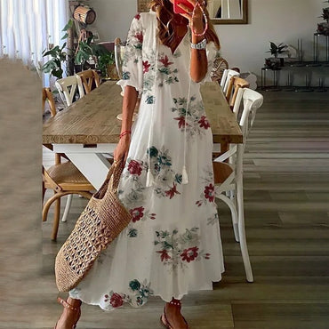 Sexy Bohemian Beach Maxi Dress Woman Summer V Neck Print Boho Elegant Long Beach Sundress