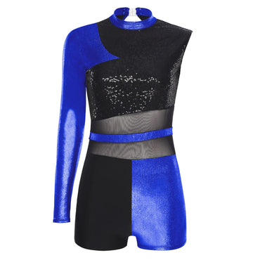 Womens Jazz Latin Dance Leotard Boyshort Asymmetrical Glittery Sequins Metallic Shiny Bodysuit Chacha Ballet Ballroom Dancewear