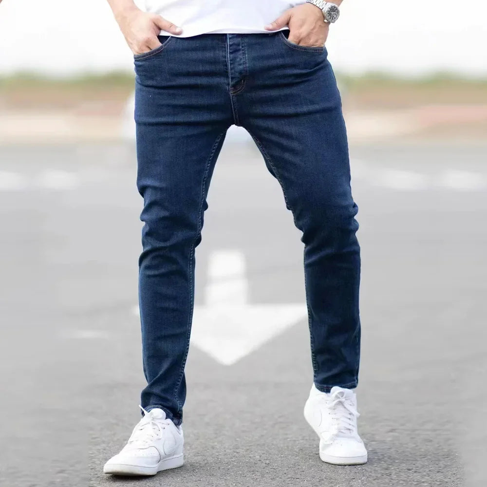 Spring Mens Black Blue Pants Pure Color Stretch Jeans Street Casual Slim Fit Trousers Male Vintage Wash Skinny Jeans for Men
